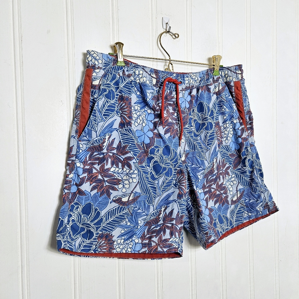 Reyn Spooner Hawaiian Swim Trunks M Blue Bird Floral Board Shorts